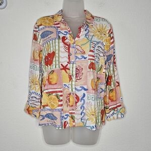 Calypso St. Barth Linen Blend Italy Fruit Sea Print Button Down Long Sleeve Top